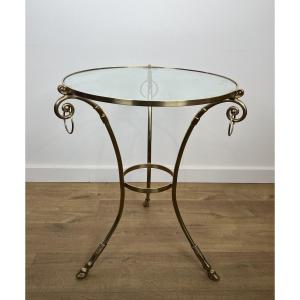 Guéridon tripode de style néoclassique en laiton et plateau de verre de la Maison Jansen