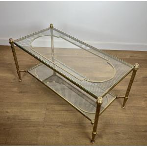Table Basse en Bronze, Laiton et Treillis d'Acier à Double Plateau de la Maison Jansen
