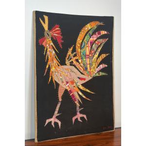 Patckwork représentant un coq. Travail Français Signé Jean Joseph. Vers 1970