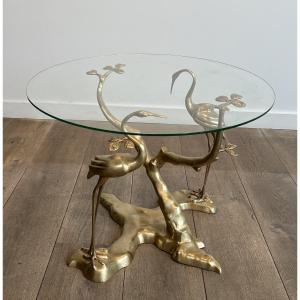 Table Basse Modèle aux Grues Entourant un Bonzaï en Laiton de Willy Daro