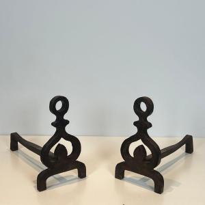 Pair Of Modernist Wrought Iron Andirons