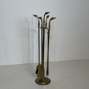 Brass Duck Heads Fireplace Tools. French Work In The Style Of Maison Jansen. Circa 1970