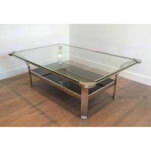 Importante Table Basse Design en Chrome et Plateaux de Verres
