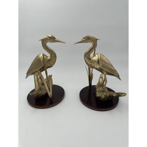 Pair Of Brass Sculptures Depicting Stylized Birds On Wooden Bases