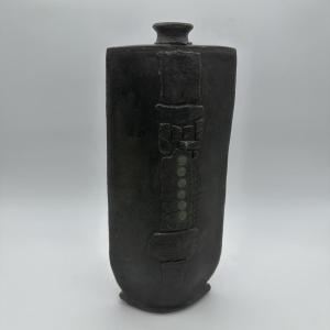 Large Sculptural Brutalist Black Ceramic Vase, Signed Studio Piece, 1970s.