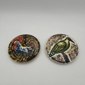 Pair Of Small Ceramic Plates, Bird Decor In The Style Of Roger Capron, 1950s-1960s.