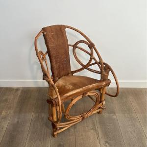 Fauteuil Moderniste Organique en Rotin et Peau de Vache, Travail Italien, Années 1960