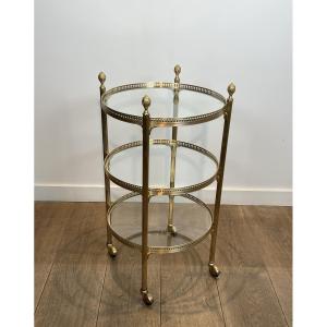 Table Roulante Ronde à Trois Plateaux en Laiton, Attribuée à la Maison Jansen, Années 1940