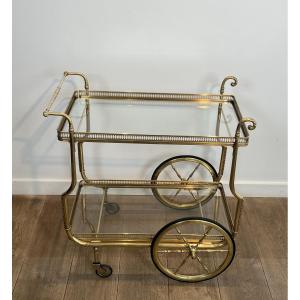 Table Roulante à Grandes Roues en Laiton et Verre, Maison Jansen, Vers 1940.