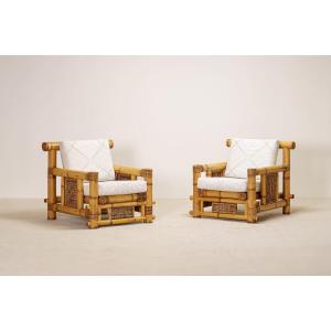 Paire de Fauteuils en Bambou, Coussins Pierre Frey, Travail Français, vers 1970