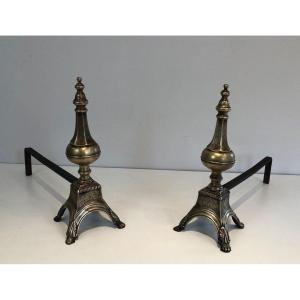 Pair Of Louis XVI Style Chiseled Bronze And Wrought Iron Andirons With Urn Finials. France.