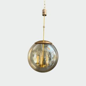 Globe Pendant Light In Smoked Glass And Brass With Four Lights. French Work. Circa 1970.