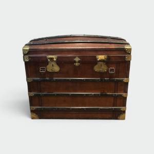Malle de Voyage Bombée en Cuir, Bois et Laiton, Travail Français, vers 1900