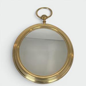 Grand Miroir en Laiton Représentant une Montre Gousset, Travail Français, Vers 1970