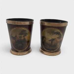 Pair Of Painted Tole And Brass Cache-pots, Bucolic Landscapes, 19th Century.