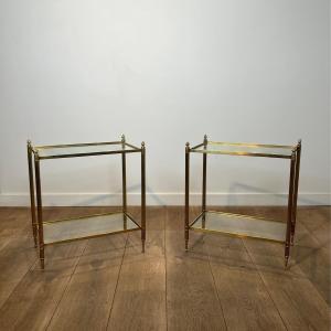 Pair Of Two-tier Brass And Glass Side Tables. French Work Maison Jansen. Circa 1950