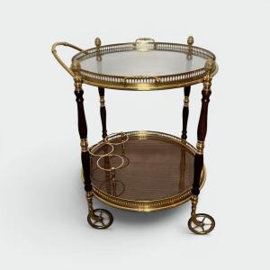 Oval Brass And Mahogany Bar Cart With Openwork Gallery And Bottle Holder. French Work By Maison