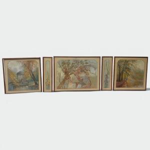 Ensemble de Cinq Panneaux Décoratifs Art Nouveau. Allégo. Travail Français par l'Atelier Coutea
