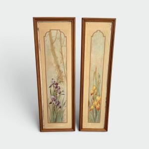 Paire de Panneaux Décoratifs Art Nouveau aux Iris Violets et Jaunes. Travail Français. Vers 190