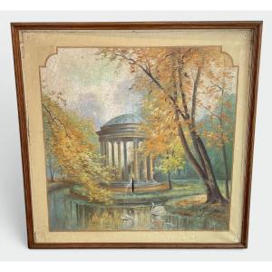 Grand Panneau Décoratif Art Nouveau au Temple de l'Amour et aux Cygnes. Paysage d'Automne. Trav