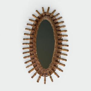 Miroir Ovale en Rotin. Osier Tressé et Bambou. Travail Français la Riviera. Vers 1960
