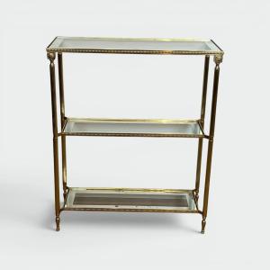 Console à Trois Plateaux en Laiton à Frise de Perles. Verre Bordé. Travail Français dans le Goû