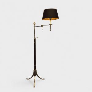 Lampadaire Liseuse en Acajou et Laiton Doré à Bras Articulé et Piètement Tripode. Travail Franç