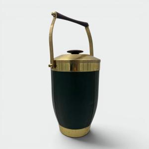 Ice Bucket Sheathed In Green Leather And Brass With An Arched Handle. Italian Work. Circa 1960