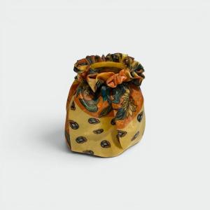 Trompe-l'œil Ceramic Vase In The Form Of A Knotted Sack With Floral Decoration. French Work. Ci