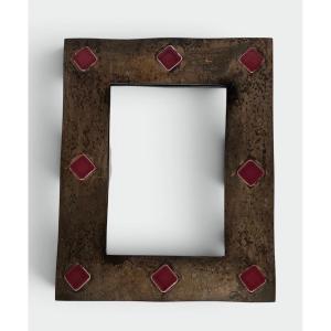 Mirror With Bronze Enamelled Ceramic Frame With Red Lozenge Cabochons. In The Style Of Mithé Es