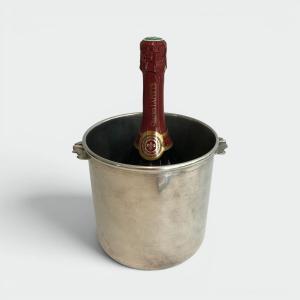 Cylindrical Silvered Metal Champagne Bucket With Small Foliate Handles. Circa 1950