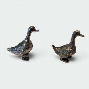 Pair Of Decorative Ducks In Silvered Metal. 1970s Work