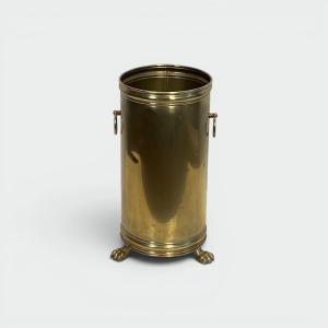 Cylindrical Brass Umbrella Stand With Ring Handles And Claw Feet. Neoclassical Style. Circa 190