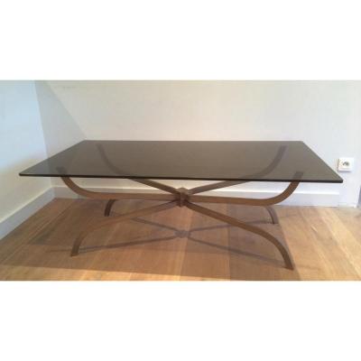 Maison Charles. Beautiful Brushed Steel Coffee Table And Smoky Glass Slab. Around 1960