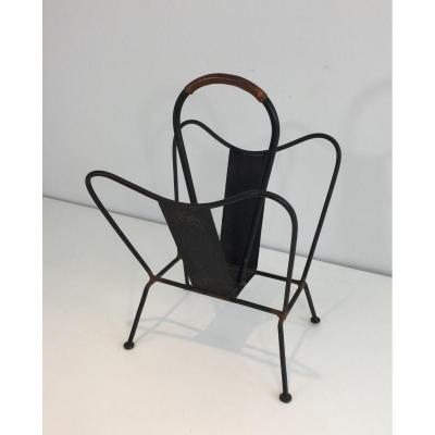 Magazine Rack In Black Lacquered Metal And Brown Leather
