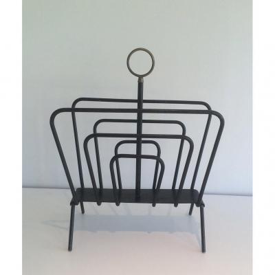 Attributed To Jacques Adnet. Black Lacquered Metal And Brass Magazinr Rack. Circa 1950