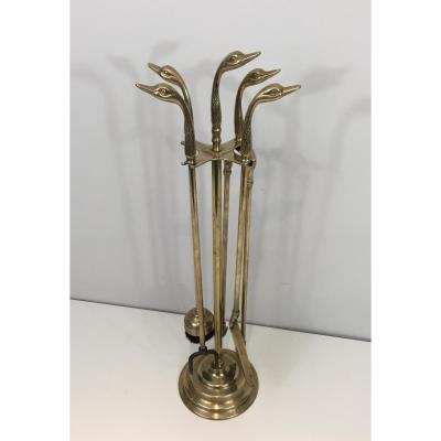 Neoclassical Fire Place Tools Set In Brass With Duck Heads. French. Circa 1970 