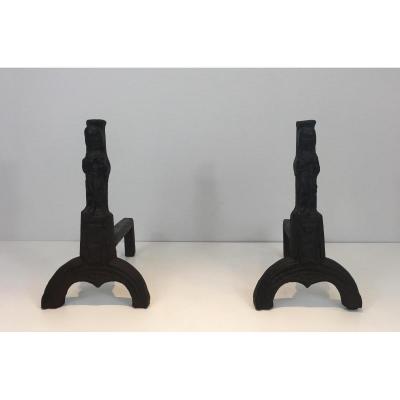 Pair Of Cast Iron Andirons Representative A Holy Evangelist.