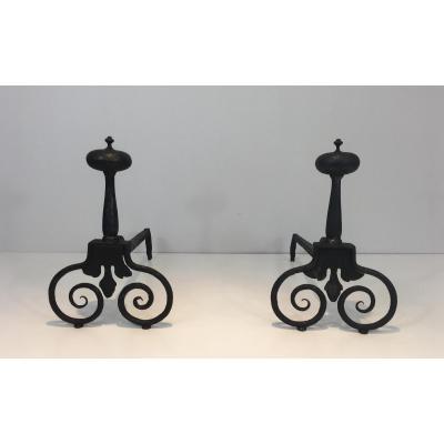 Pair Of Wrought Iron Andirons. French. 18th Century 