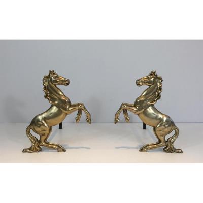  Pair Of Brass Horses Andirons. French. Circa 1970 