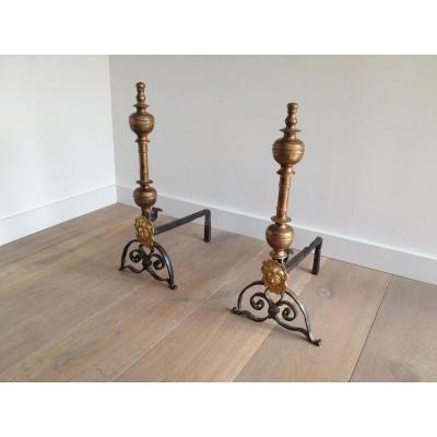 Pair Of Brass And Wrought Iron "the Sun Kingl" Andirons. 18th Century (bronze Medaillon Probabl