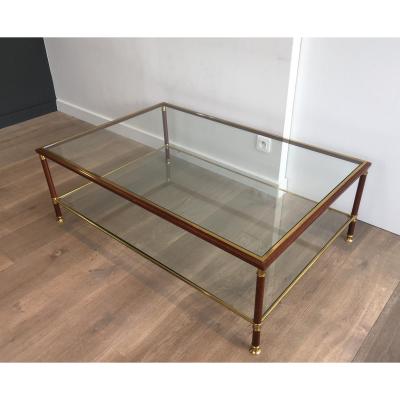 Elegant Large Burgundy Lacquered And Brass Coffee Table With 2 Glass Shelves. Circa 1960 