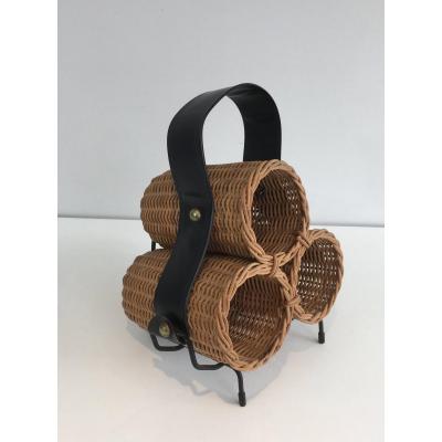 Rattan, Black Lacquered Metal And Faux-leather Bottles Rack. French, Circa 1970 