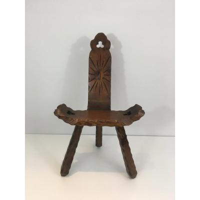 Unusual Tripode Carved Wood Mountain Chair. French. Circa 1950 