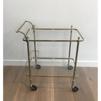 Maison Bagués. Neoclassical Brass Coffee Table With 2 Clear Glass Shelves. French. Circa 1940