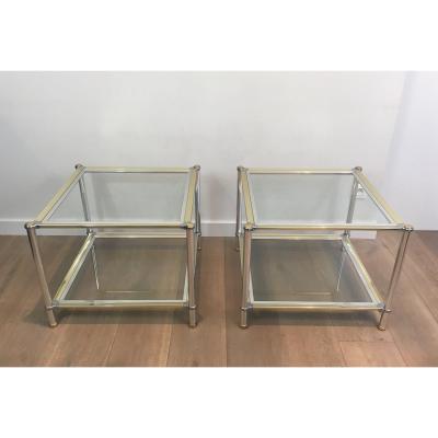 Pair Of Chrome, Gilt And Silver Métal Side Tables. French. Circa 1970