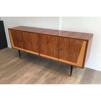 Four Doors Sapelli Mahogany And Sycamore Sideboard On A Black Lacquered Wood Base With Brass Elements. Italian. Circa 1960