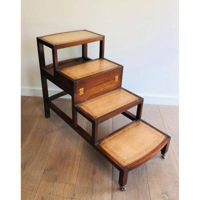 Wood And Leather Folding Library Staircase Transformable Into A Coffee Table. French. 1950's