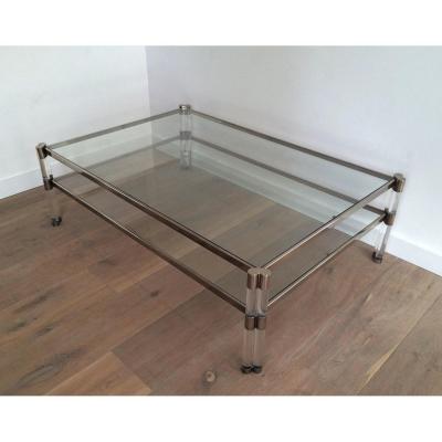 Large Lucite And Chrome Coffee Table With 2 Glass Shelves. French Work. Circa 1970