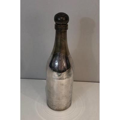 Rare Silver Plated And Brass Shaker Presenting A Champagne Bottle. French. Circa 1930